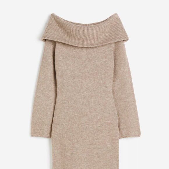 H&M Dresses & Skirts - H&M Beige Off-Shoulder Long Sleeve Knit Dress